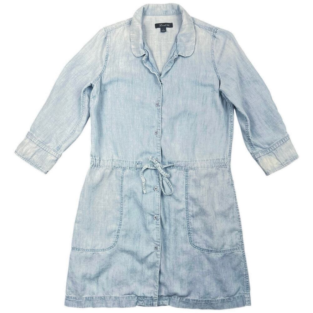 Level 99 Chambray Shirt Dress Tie Waist Button Front Tencel Minimalist Preppy S